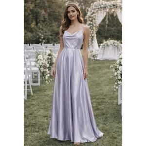Lavender Satin Maxi Dress Open Back Spaghetti Strap Formal Prom Bridesmaid